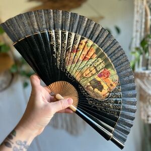 Vintage Spanish Hand Fan – Black Lace & Painted Flamenco Dancer Wood Folding